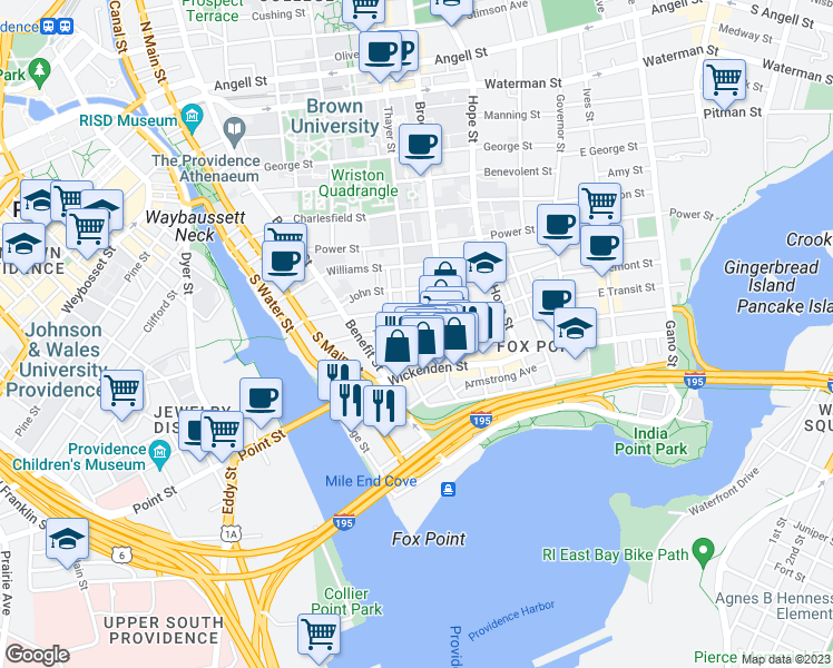 map of restaurants, bars, coffee shops, grocery stores, and more near 123 Transit Street in Providence