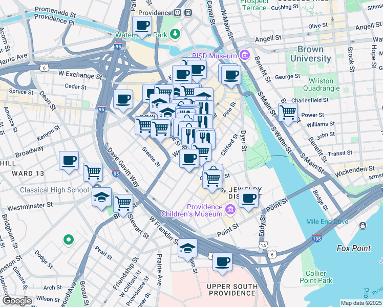 map of restaurants, bars, coffee shops, grocery stores, and more near 165-215 Pine Street in Providence