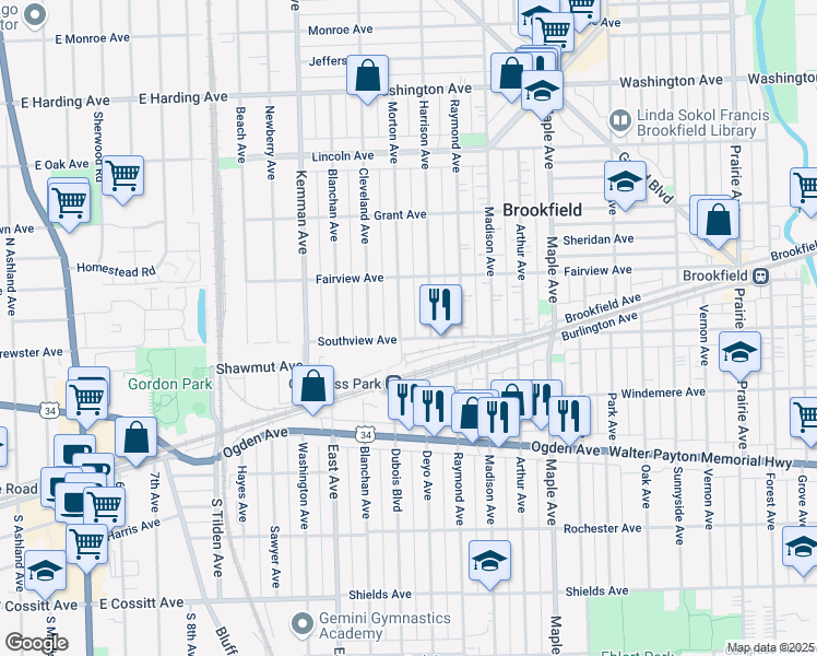 map of restaurants, bars, coffee shops, grocery stores, and more near 9349 Southview Avenue in Brookfield