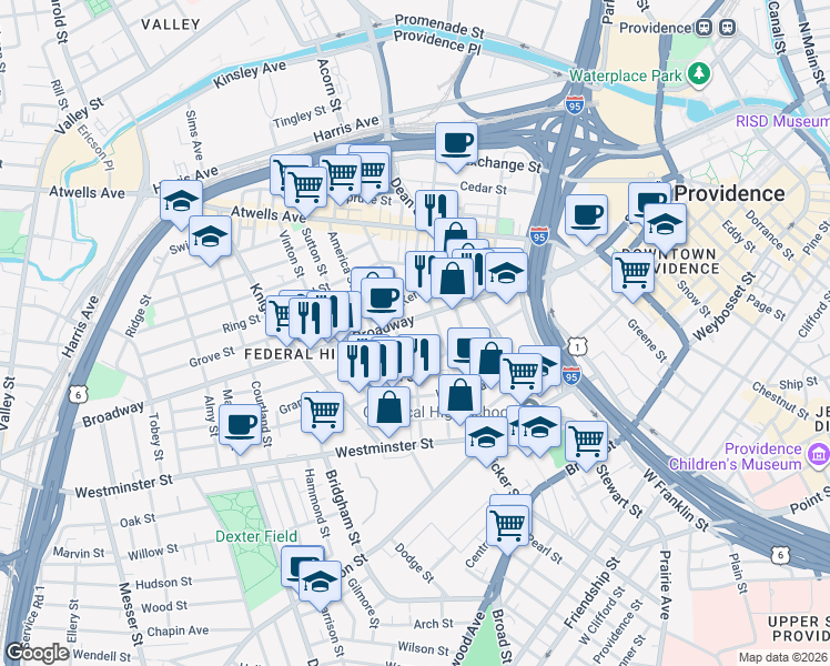 map of restaurants, bars, coffee shops, grocery stores, and more near 224 Broadway in Providence
