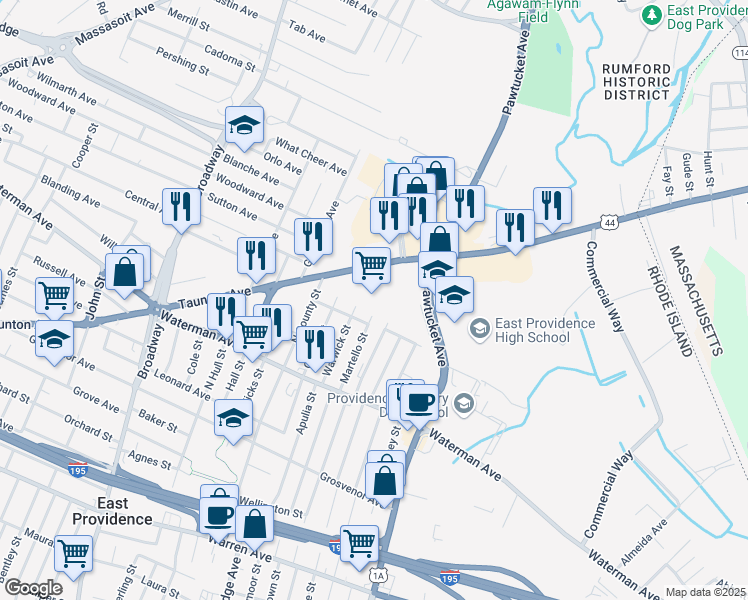 map of restaurants, bars, coffee shops, grocery stores, and more near 38 Warwick Street in East Providence