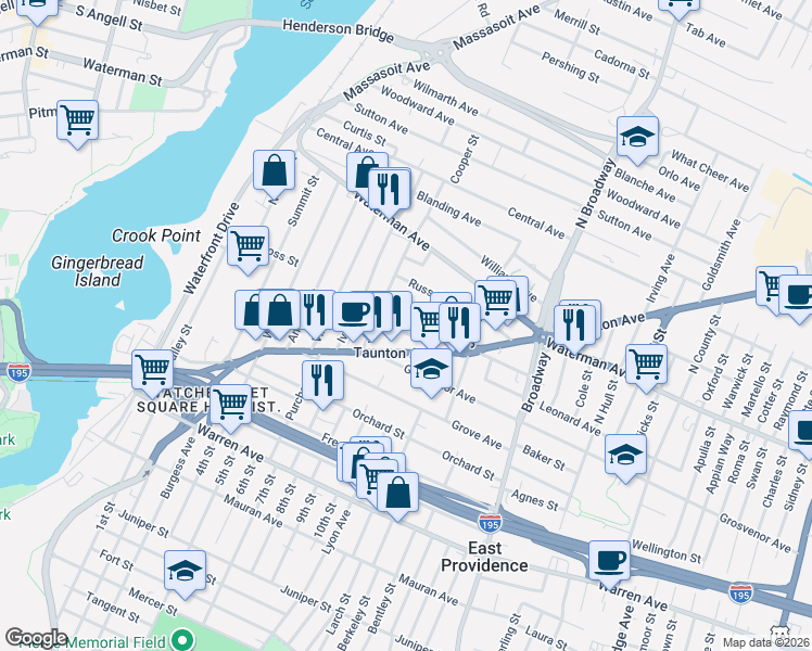 map of restaurants, bars, coffee shops, grocery stores, and more near 222 Taunton Avenue in East Providence