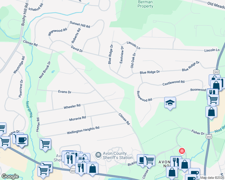 map of restaurants, bars, coffee shops, grocery stores, and more near 36 Hendricks Lane in Simsbury
