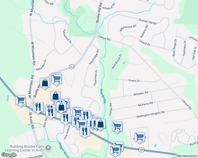 map of restaurants, bars, coffee shops, grocery stores, and more near 12 Pinecrest Drive in Simsbury