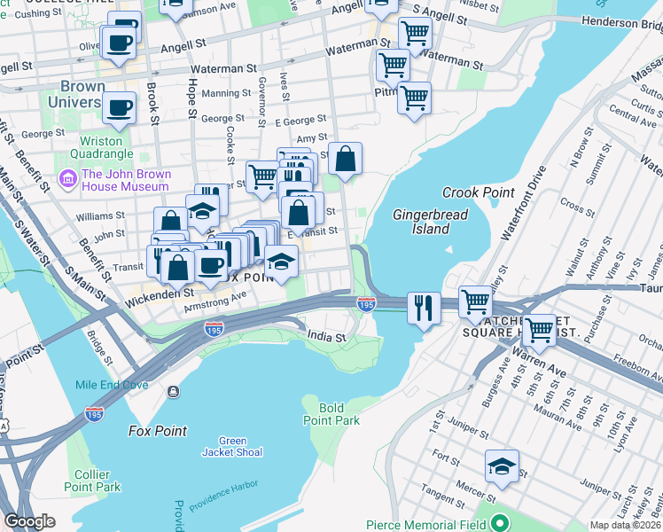 map of restaurants, bars, coffee shops, grocery stores, and more near 630 Wickenden Street in Providence