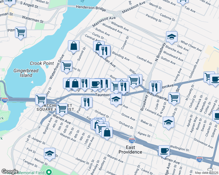 map of restaurants, bars, coffee shops, grocery stores, and more near 222 Taunton Avenue in East Providence