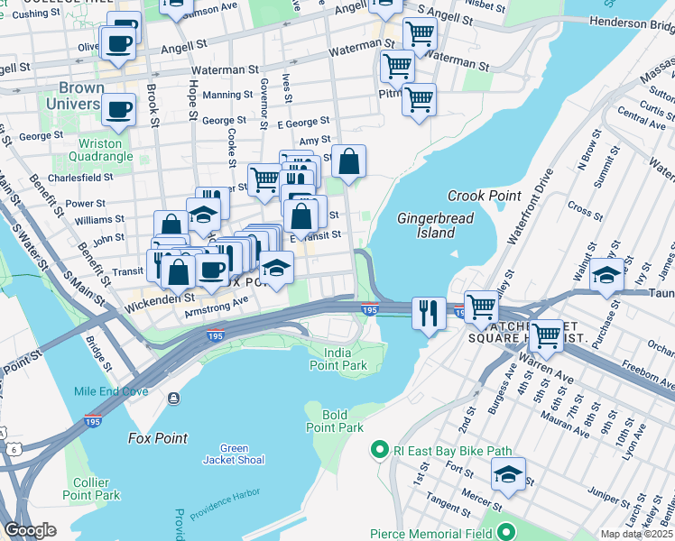 map of restaurants, bars, coffee shops, grocery stores, and more near 39 Schofield Street in Providence