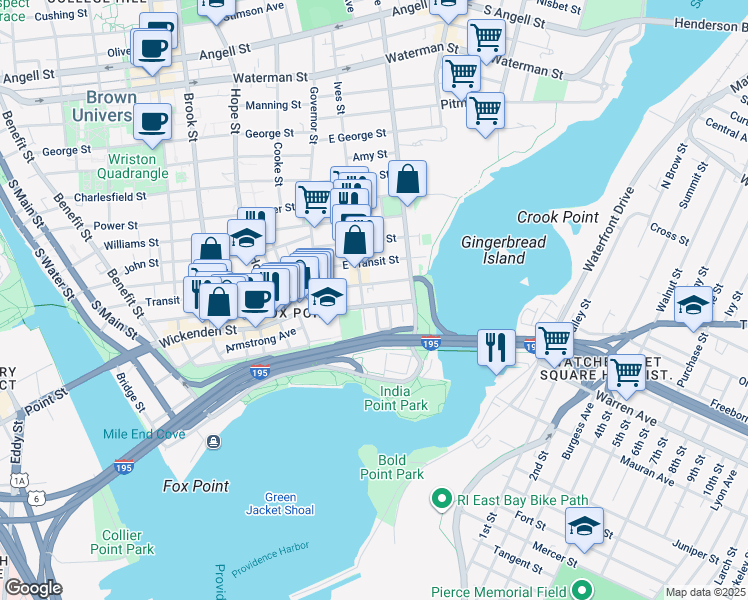 map of restaurants, bars, coffee shops, grocery stores, and more near 39 Schofield Street in Providence