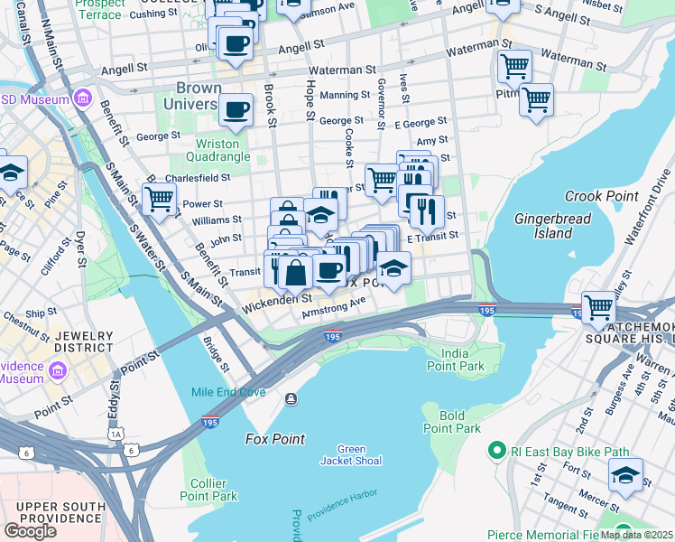map of restaurants, bars, coffee shops, grocery stores, and more near in Providence