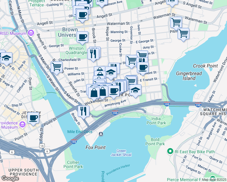 map of restaurants, bars, coffee shops, grocery stores, and more near 105 Sheldon Street in Providence