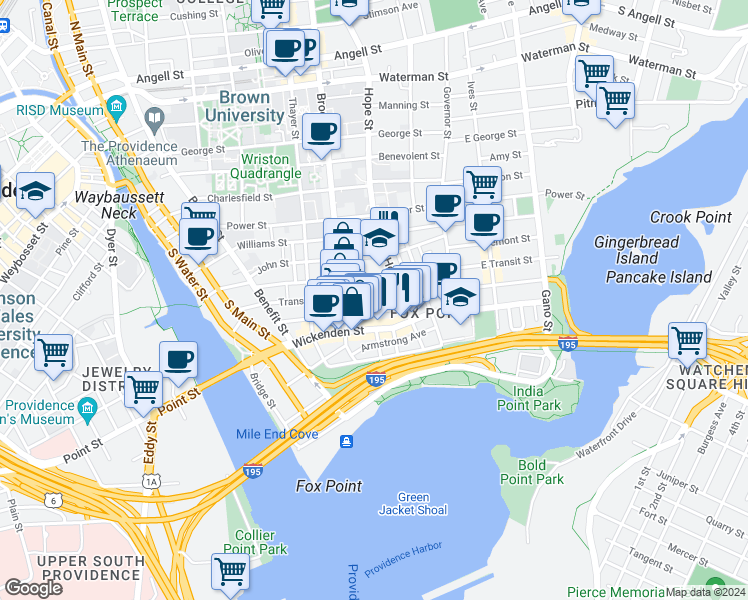 map of restaurants, bars, coffee shops, grocery stores, and more near 105 Sheldon Street in Providence