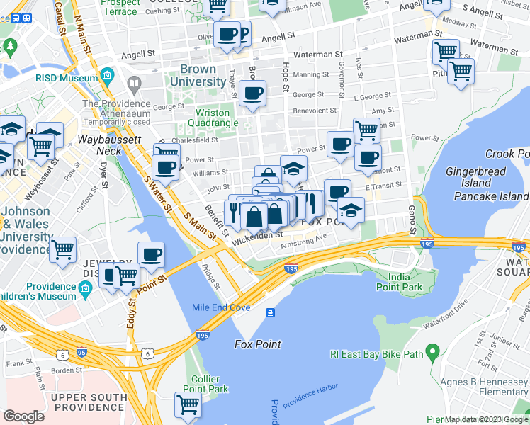map of restaurants, bars, coffee shops, grocery stores, and more near 128 Brook Street in Providence