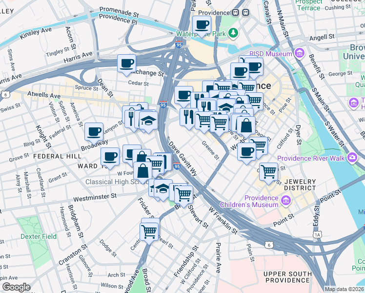 map of restaurants, bars, coffee shops, grocery stores, and more near 77 Franklin Street in Providence