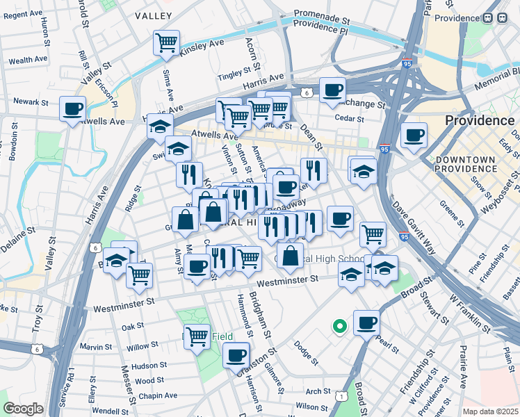 map of restaurants, bars, coffee shops, grocery stores, and more near 329 Broadway in Providence