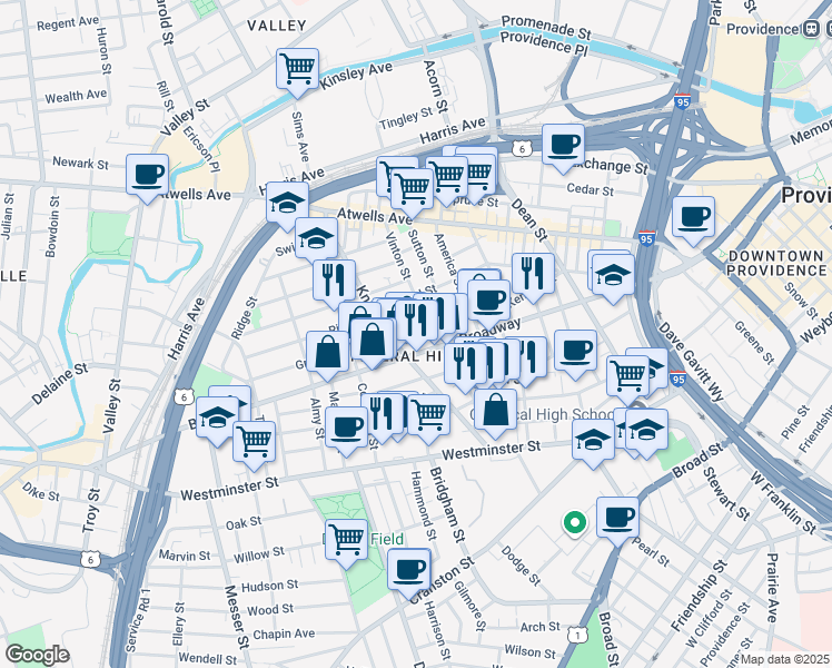 map of restaurants, bars, coffee shops, grocery stores, and more near 329 Broadway in Providence