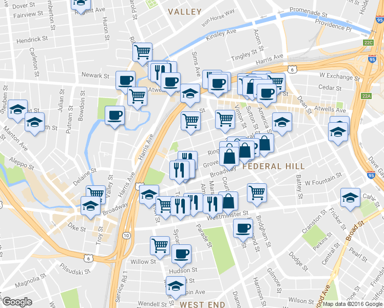map of restaurants, bars, coffee shops, grocery stores, and more near 102 Ring Street in Providence