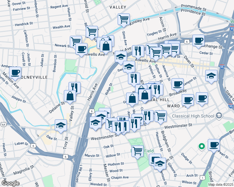 map of restaurants, bars, coffee shops, grocery stores, and more near 102 Ring Street in Providence