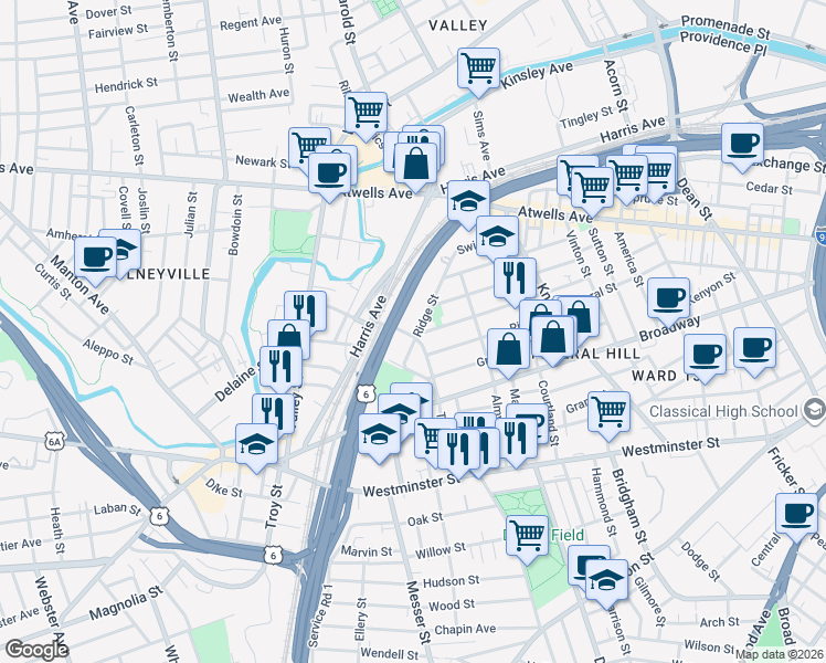 map of restaurants, bars, coffee shops, grocery stores, and more near 25 Tobey Street in Providence