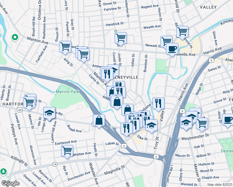 map of restaurants, bars, coffee shops, grocery stores, and more near 165 Manton Avenue in Providence