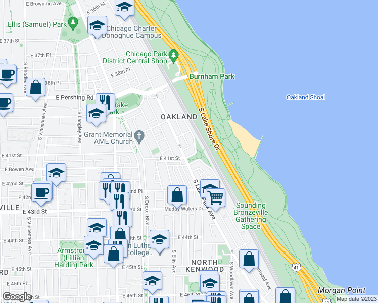 map of restaurants, bars, coffee shops, grocery stores, and more near 4101 South Lake Park Avenue in Chicago