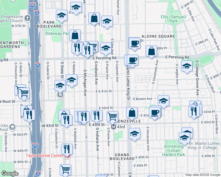map of restaurants, bars, coffee shops, grocery stores, and more near 4101 South Prairie Avenue in Chicago