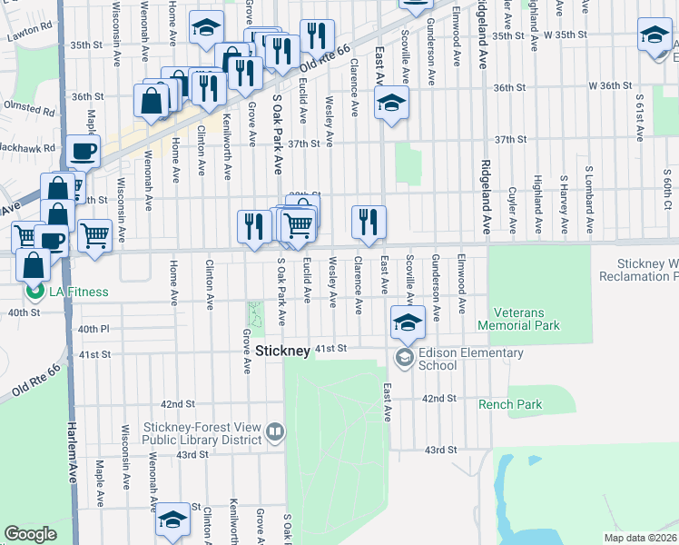 map of restaurants, bars, coffee shops, grocery stores, and more near 3936 Clarence Avenue in Stickney