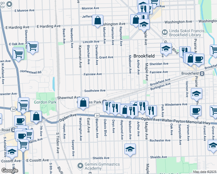 map of restaurants, bars, coffee shops, grocery stores, and more near 9349 Southview Avenue in Brookfield