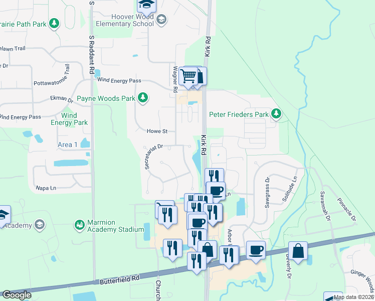 map of restaurants, bars, coffee shops, grocery stores, and more near 3149 Preakness Drive in Aurora