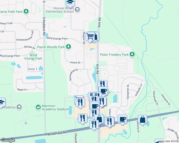 map of restaurants, bars, coffee shops, grocery stores, and more near 3149 Preakness Drive in Aurora