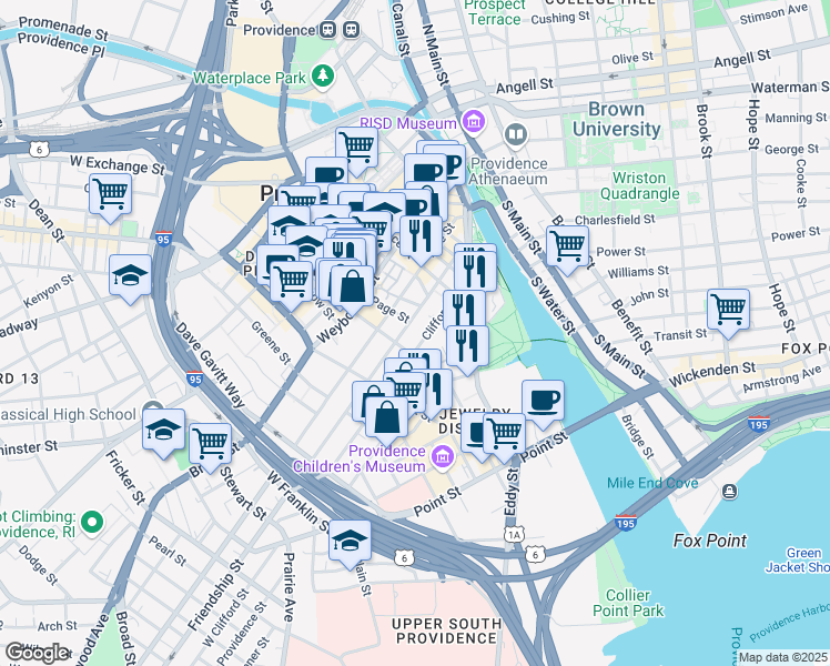 map of restaurants, bars, coffee shops, grocery stores, and more near 150 Richmond Street in Providence