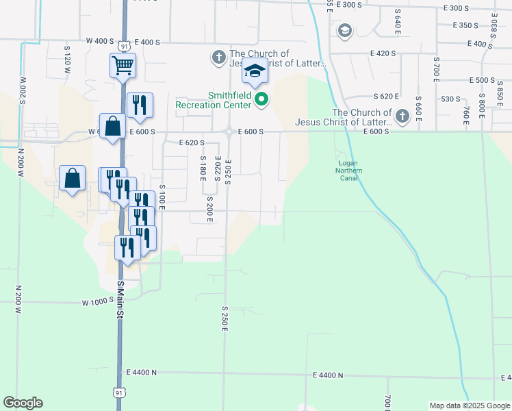 map of restaurants, bars, coffee shops, grocery stores, and more near 737 South 340 East in Smithfield