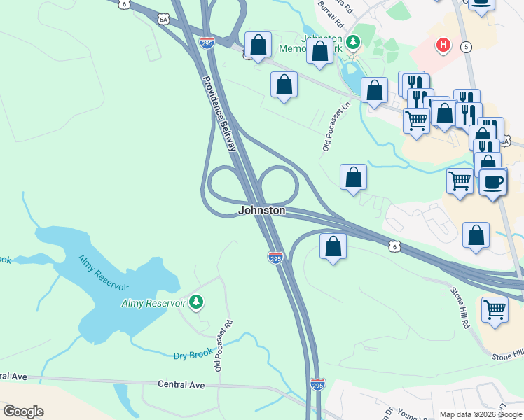 map of restaurants, bars, coffee shops, grocery stores, and more near in Johnston