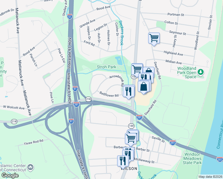 map of restaurants, bars, coffee shops, grocery stores, and more near 18 Bellflower Road in Windsor
