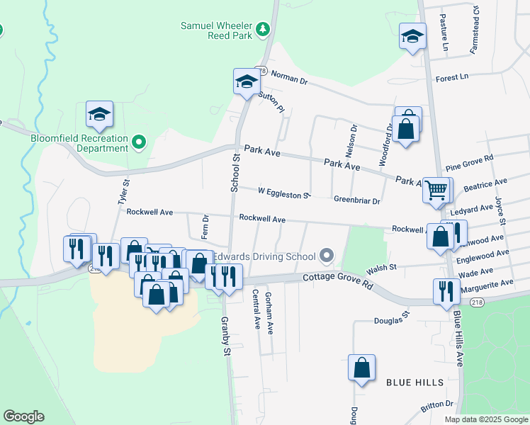 map of restaurants, bars, coffee shops, grocery stores, and more near 185 Rockwell Avenue in Bloomfield