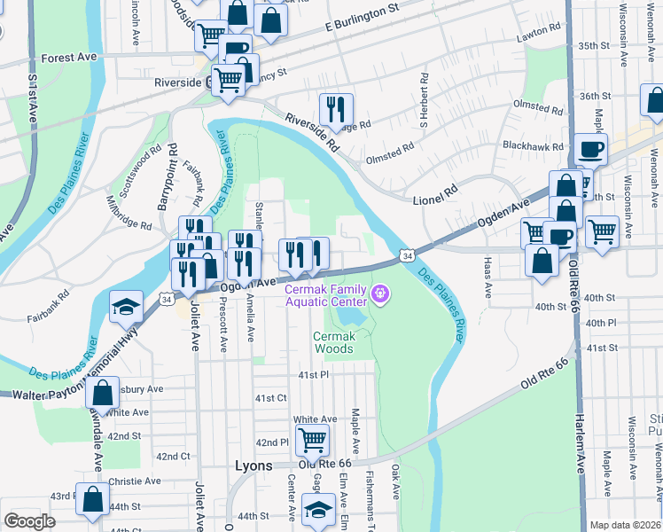 map of restaurants, bars, coffee shops, grocery stores, and more near 7731 U.S. 34 in Lyons