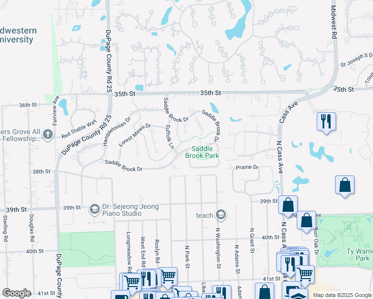 map of restaurants, bars, coffee shops, grocery stores, and more near 591 Bridle Path Circle in Oak Brook