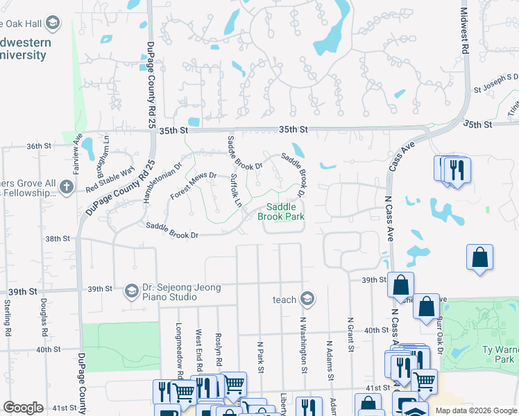 map of restaurants, bars, coffee shops, grocery stores, and more near 597 Bridle Path Circle in Oak Brook