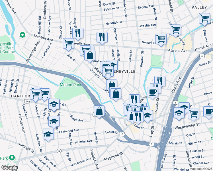 map of restaurants, bars, coffee shops, grocery stores, and more near 20 Pelham Street in Providence