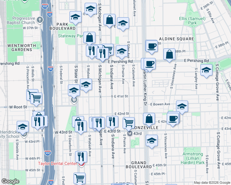 map of restaurants, bars, coffee shops, grocery stores, and more near 4105 South Indiana Avenue in Chicago