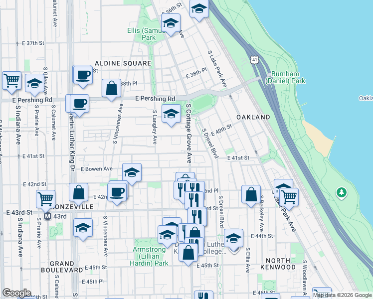 map of restaurants, bars, coffee shops, grocery stores, and more near 4102 South Cottage Grove Avenue in Chicago