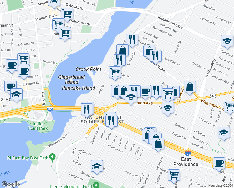 map of restaurants, bars, coffee shops, grocery stores, and more near 80 Taunton Avenue in East Providence