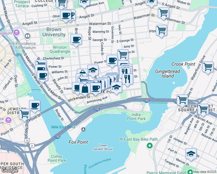 map of restaurants, bars, coffee shops, grocery stores, and more near in Providence