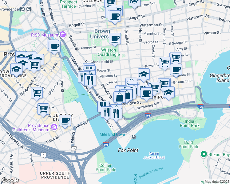 map of restaurants, bars, coffee shops, grocery stores, and more near 414 Benefit Street in Providence