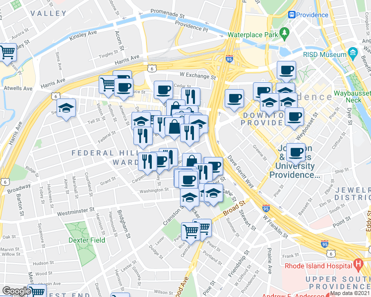 map of restaurants, bars, coffee shops, grocery stores, and more near 8 Cargill Street in Providence