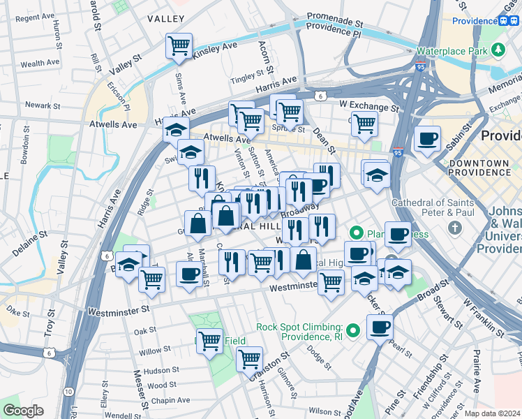 map of restaurants, bars, coffee shops, grocery stores, and more near 329 Broadway in Providence