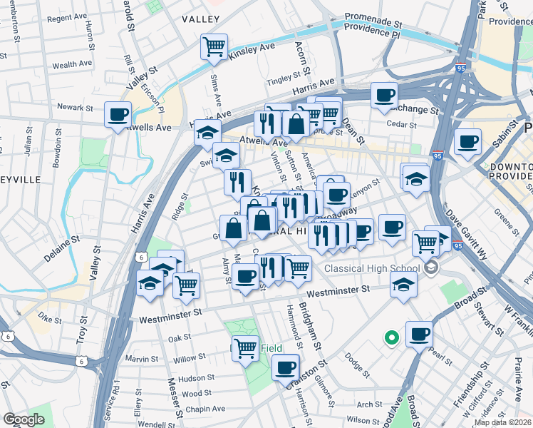 map of restaurants, bars, coffee shops, grocery stores, and more near 195 Knight Street in Providence