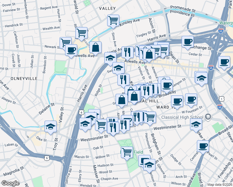 map of restaurants, bars, coffee shops, grocery stores, and more near 119 Grove Street in Providence