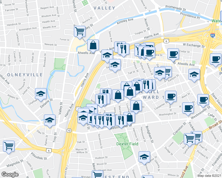 map of restaurants, bars, coffee shops, grocery stores, and more near 119 Grove Street in Providence