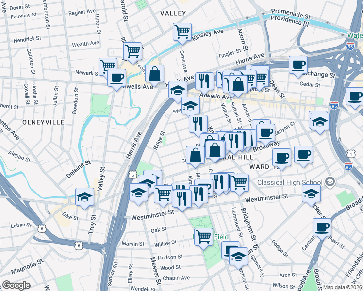 map of restaurants, bars, coffee shops, grocery stores, and more near 119 Grove Street in Providence