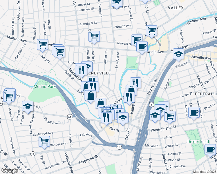 map of restaurants, bars, coffee shops, grocery stores, and more near in Providence